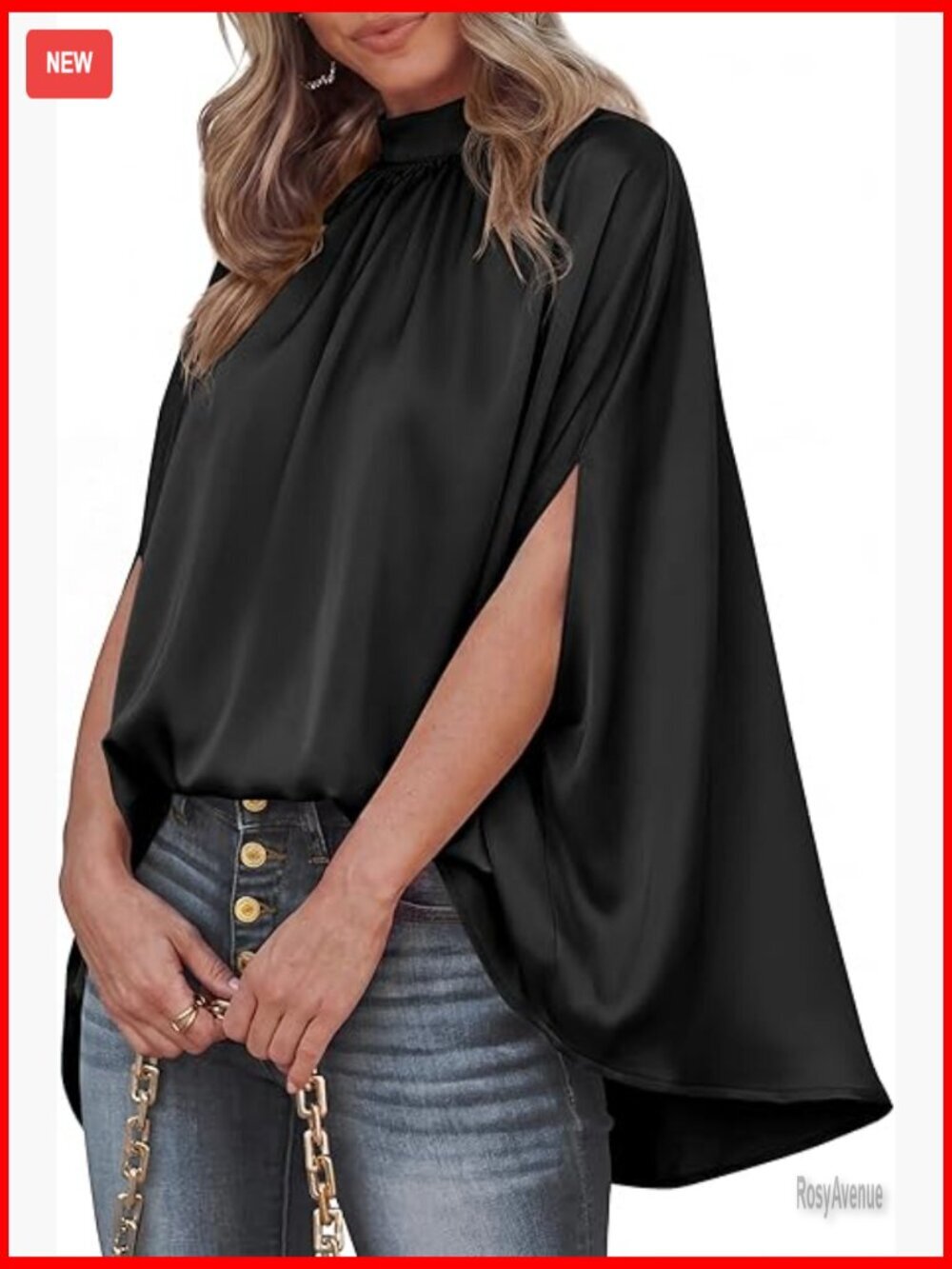 Mock Neck Batwing Sleeve Blouse Satin Oversized Tunic Dressy Casual
